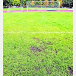 Braune Flecken: Schäden weist der Fußballplatz in Immenhausen zwischen Anstoßpunkt und Tor auf. Foto: Rieß Braune Flecken: Schäden weist der Fußballplatz in Immenhausen zwischen Anstoßpunkt und Tor auf. Foto: Rieß